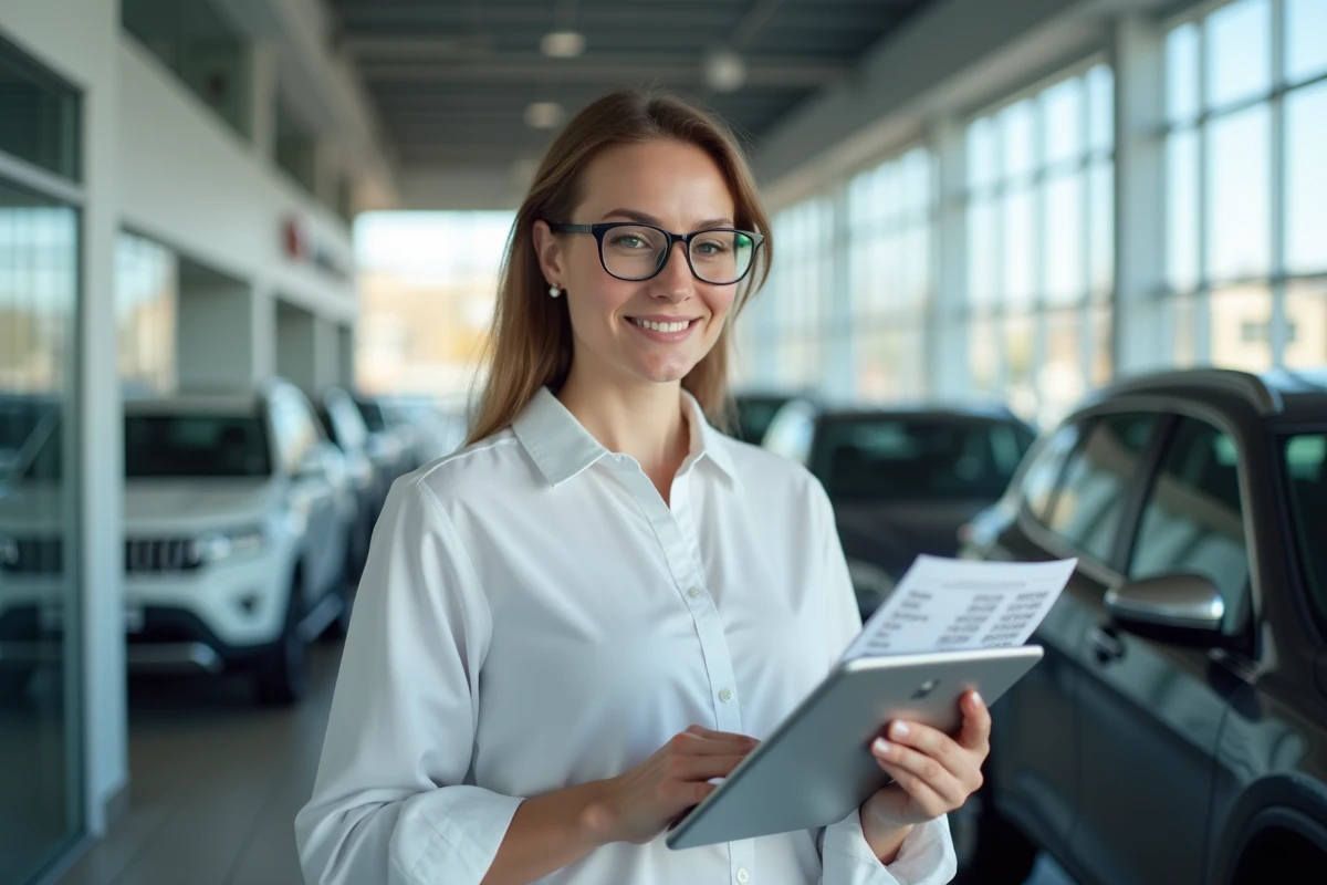Femme consultant un outil de recherche de plaque d'immatriculation dans un showroom automobile