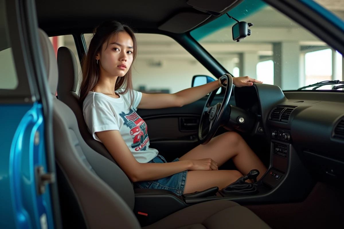 Femme assise dans la Nissan Silvia S14a en parking intérieur