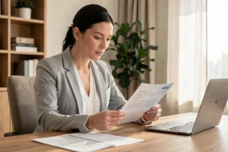 Femme consultant des documents d'assurance auto Eurofil à son bureau à domicile