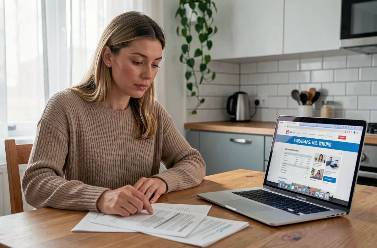 Femme consultant des documents d'assurance scooter 50 sur une table, comparant les tarifs mensuels