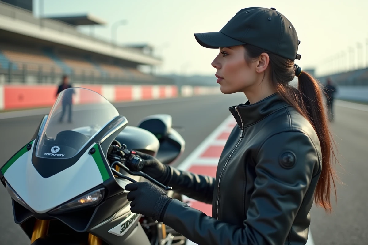 Femme examinant une moto 750cc dans la pitlane