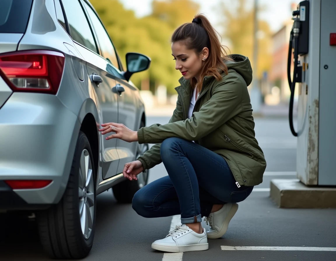 Femme lisant les indications de pression sur le flanc d'un pneu de Seat Ibiza argentée à une station de gonflage