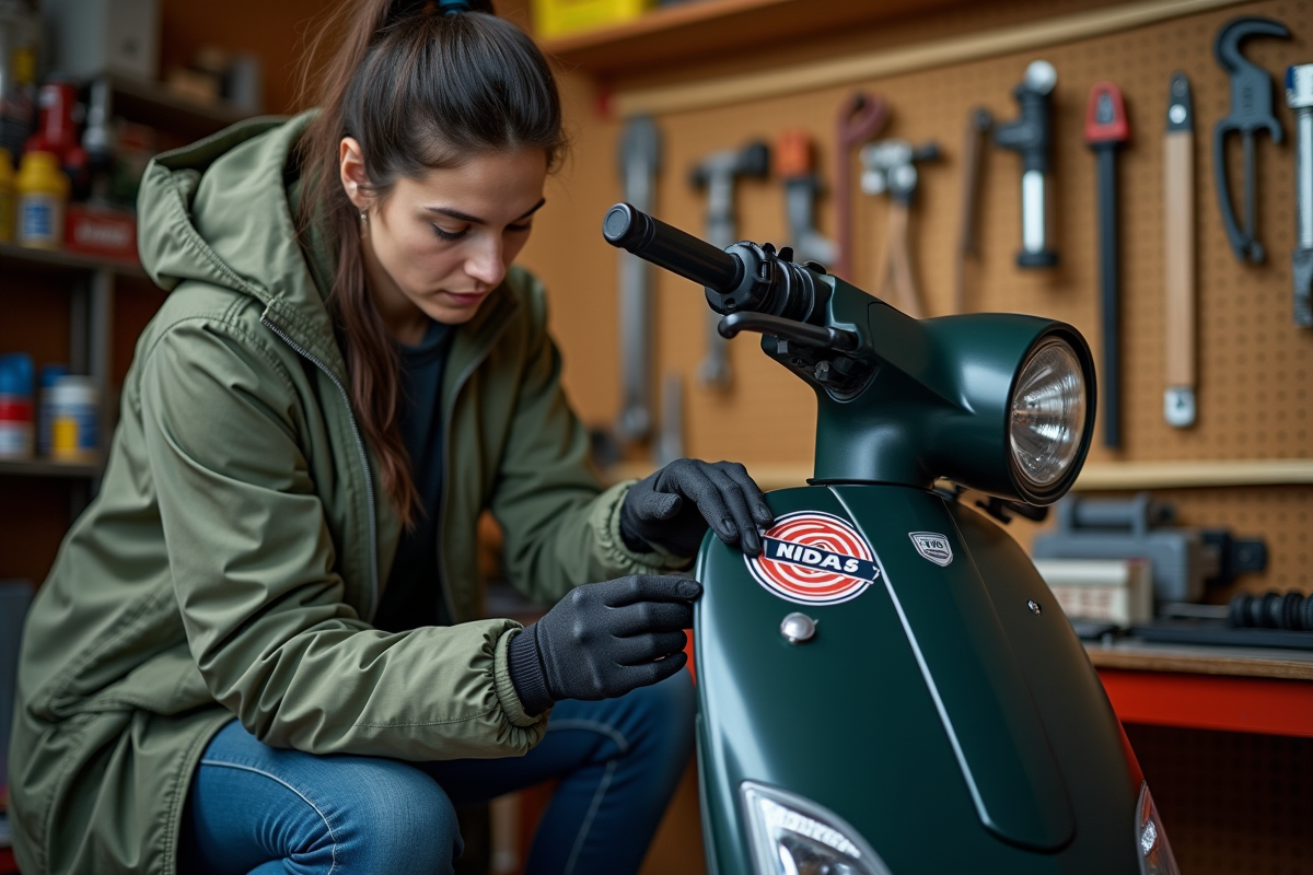 Femme appliquant des decals sur une moto Dax dans un garage