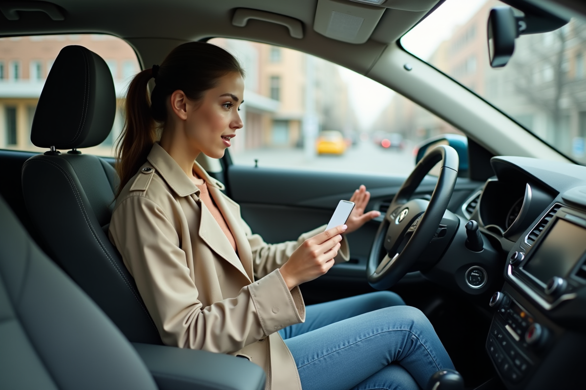 Jeune femme parlant à un agent d assurance dans sa voiture