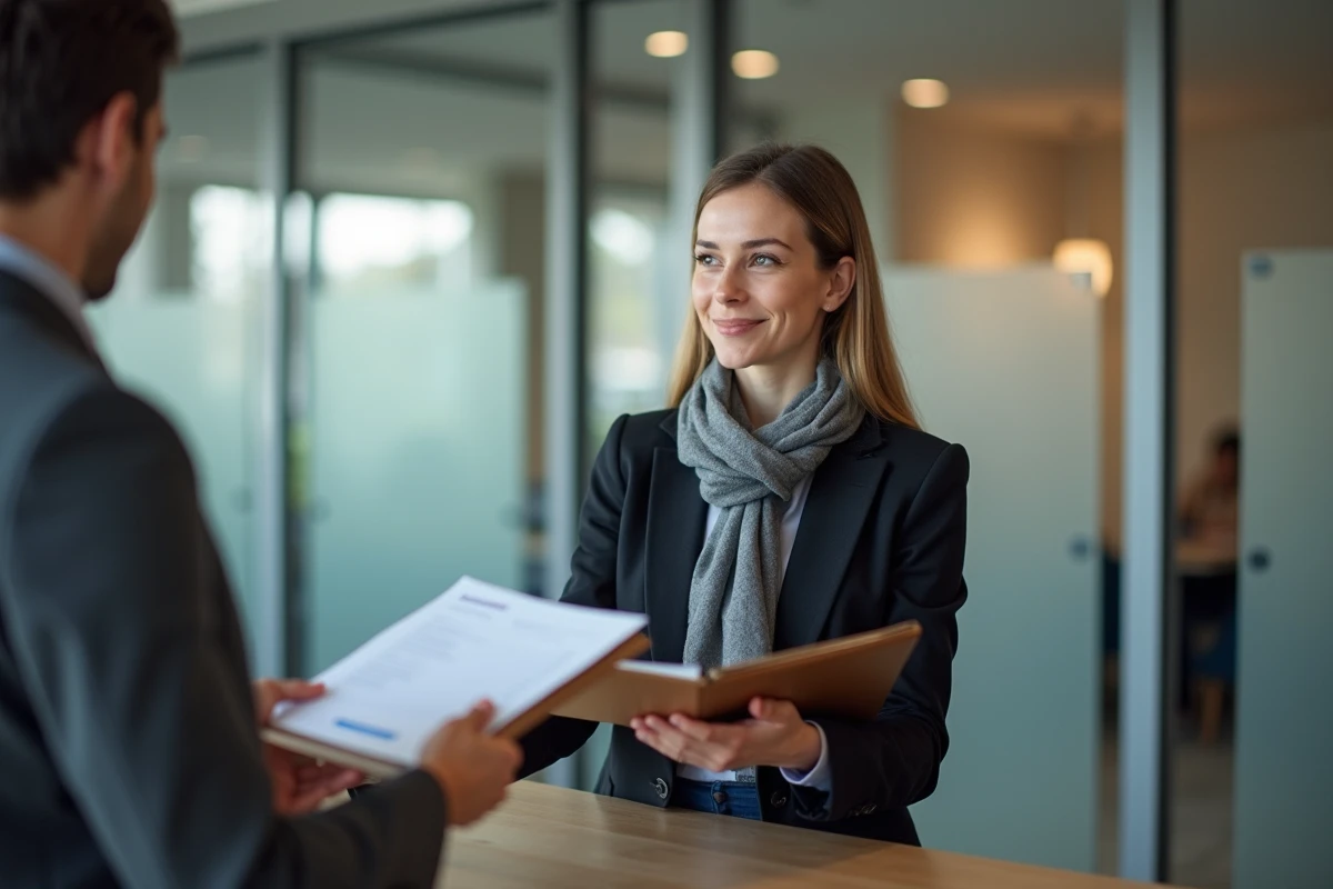Jeune femme remettant un dossier administratif en bureau