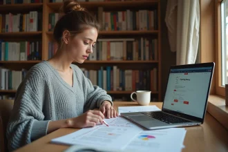 Jeune femme comparant un PDF imprimé des questions du permis de conduire avec un site web moderne sur ordinateur portable