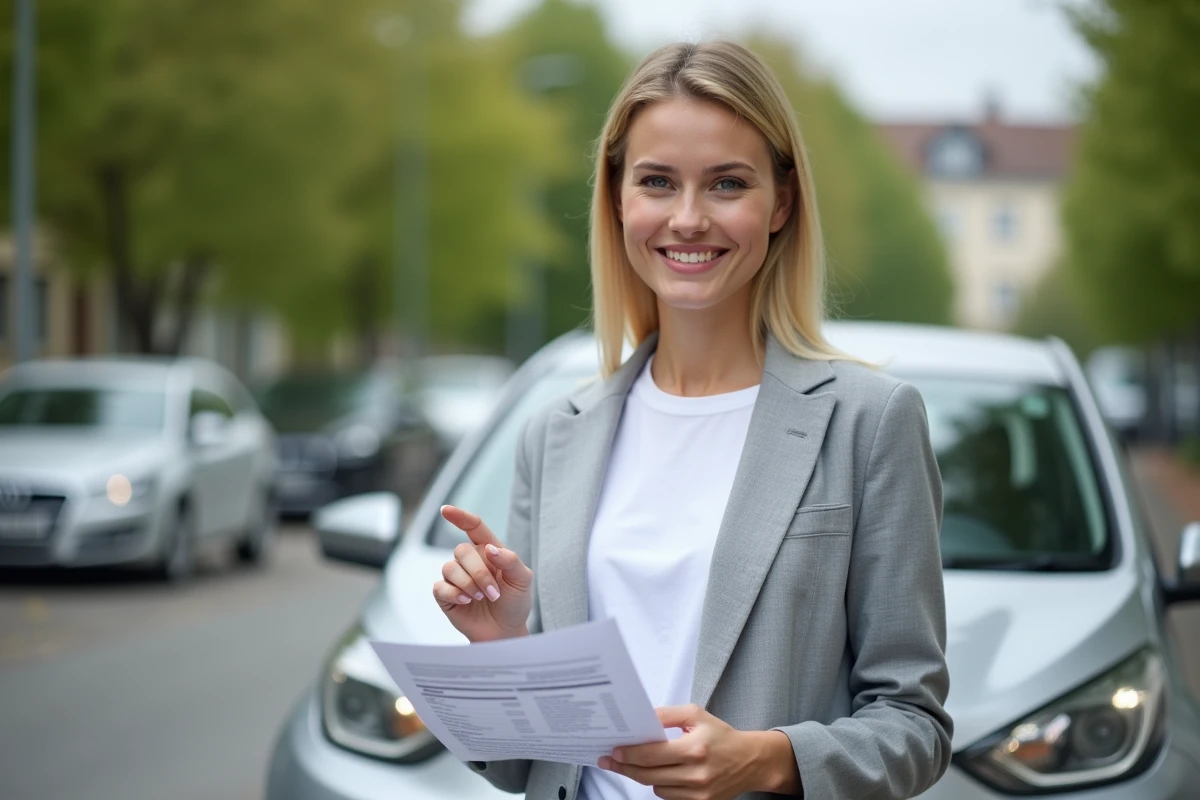 Femme consultant un formulaire de carte grise près de sa voiture pour bénéficier du tarif moitié prix