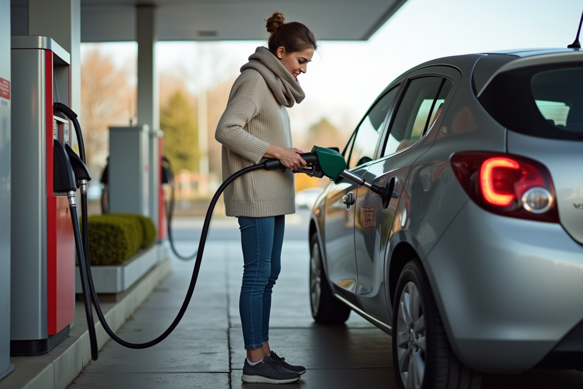 Jeune femme gonflant ses pneus à la station essence