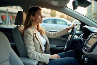 Femme conduisant une voiture compacte en leasing sans apport, intérieur moderne et élégant