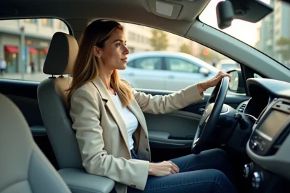Femme conduisant une voiture compacte en leasing sans apport, intérieur moderne et élégant