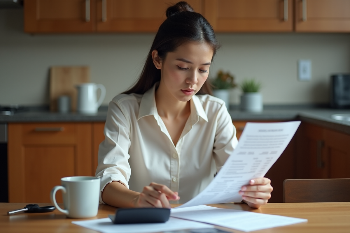 Femme examine un document dans sa cuisine domestique