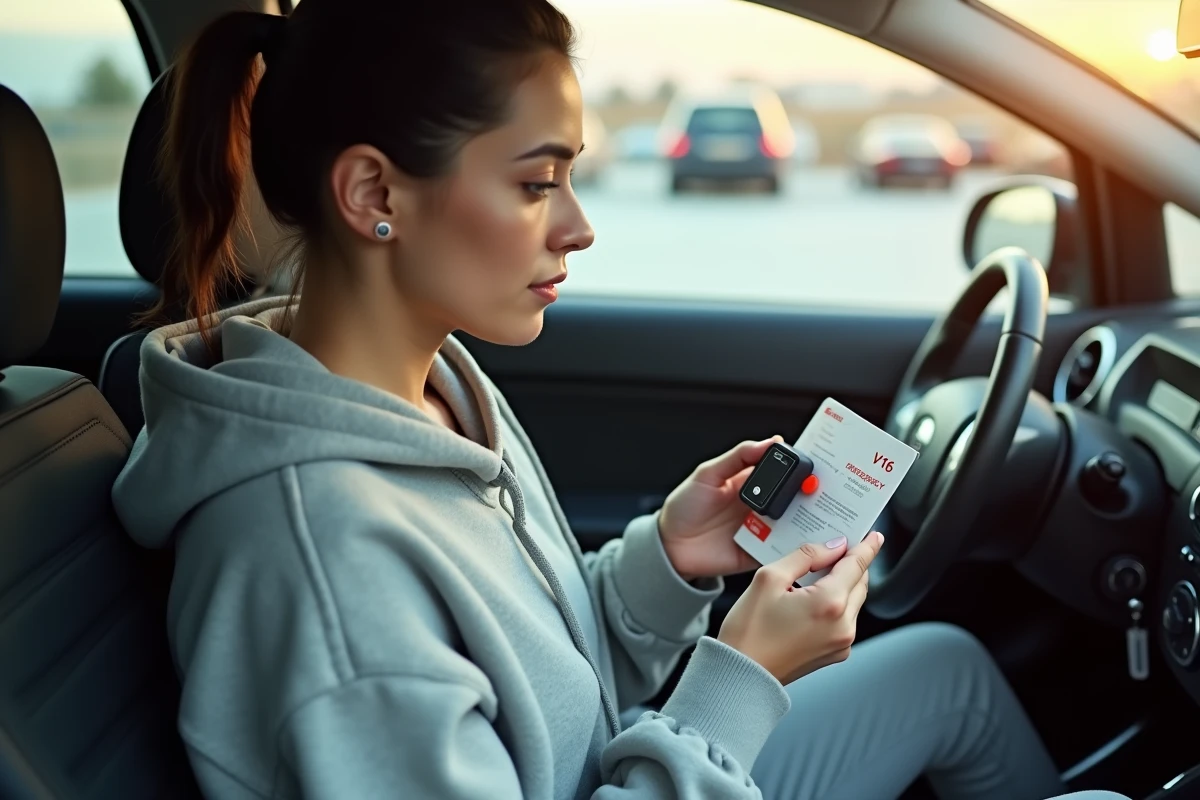 Femme lisant les instructions de la balise d'urgence V16 dans l'habitacle de sa voiture