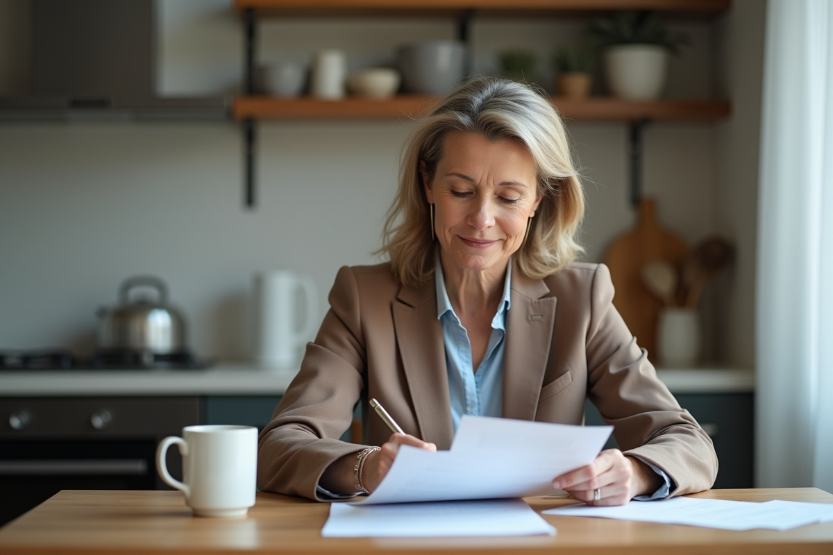 Femme d'âge moyen dans une cuisine moderne lisant des papiers