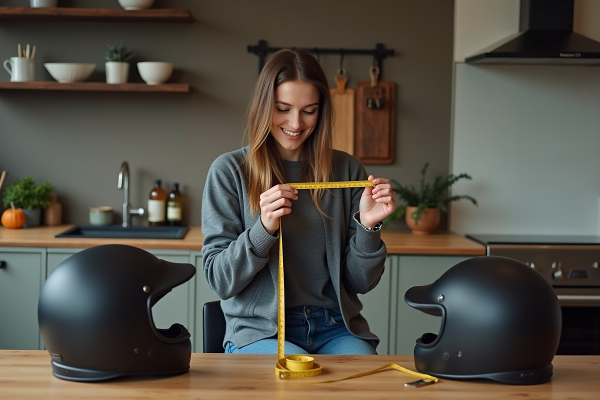 Femme mesurant la circonference de sa tête avec un casque moto