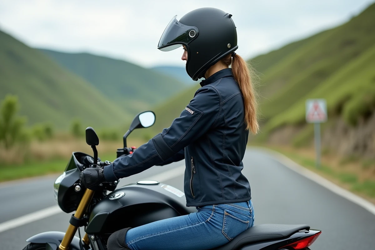 Jeune femme motarde débutante assise sur une moto 300cc au bord d'une route de campagne sinueuse