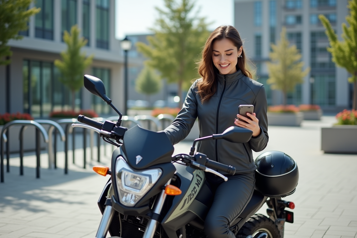 Femme en combinaison moto urbaine vérifiant son téléphone
