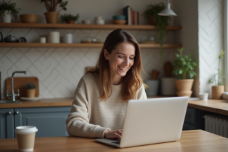 Femme souriante étudie un site de réglementation de conduite