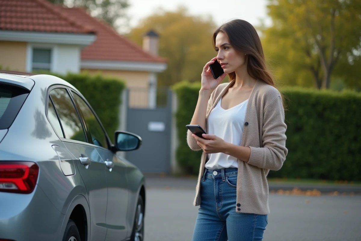 Jeune femme parlant au téléphone près de sa voiture dans la rue