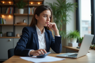 Jeune femme professionnelle concentrée avec ordinateur dans un appartement