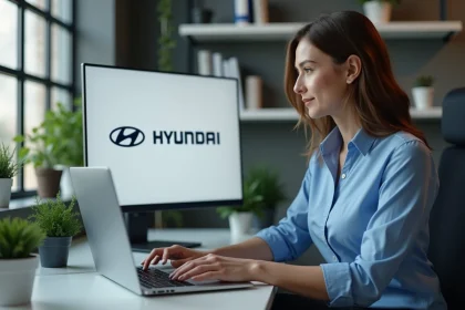 Jeune femme professionnelle insérant un logo Hyundai dans une présentation