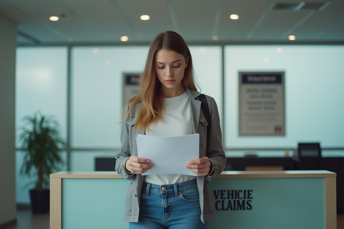 Jeune femme avec papiers devant un bureau d