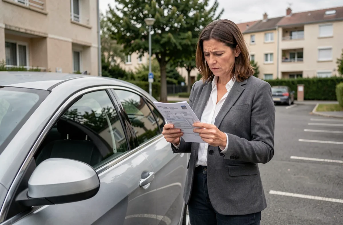 Femme tenant un avis de renouvellement d'assurance auto devant sa voiture