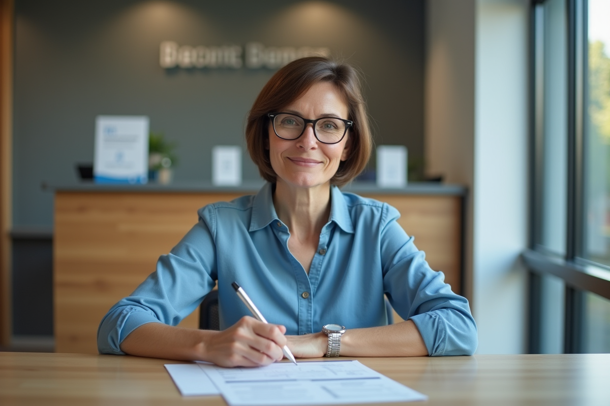 Femme concentrée remplissant un formulaire de permis de conduire
