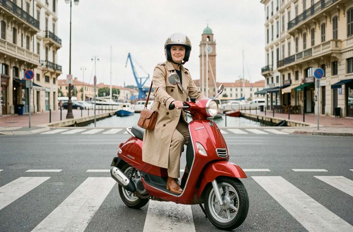 Femme assise sur un scooter 50cc rouge près du Vieux-Port de Marseille avec son casque intégral