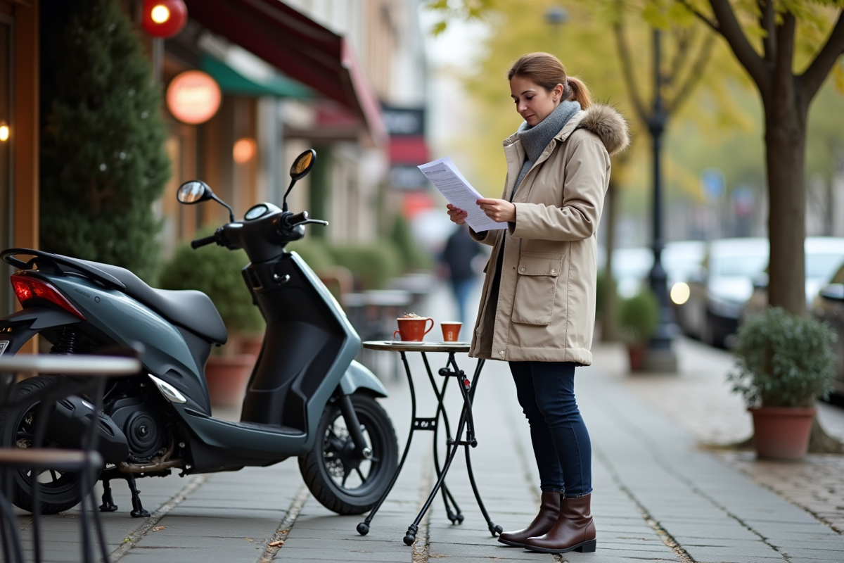 Femme vérifiant documents à côté de scooter