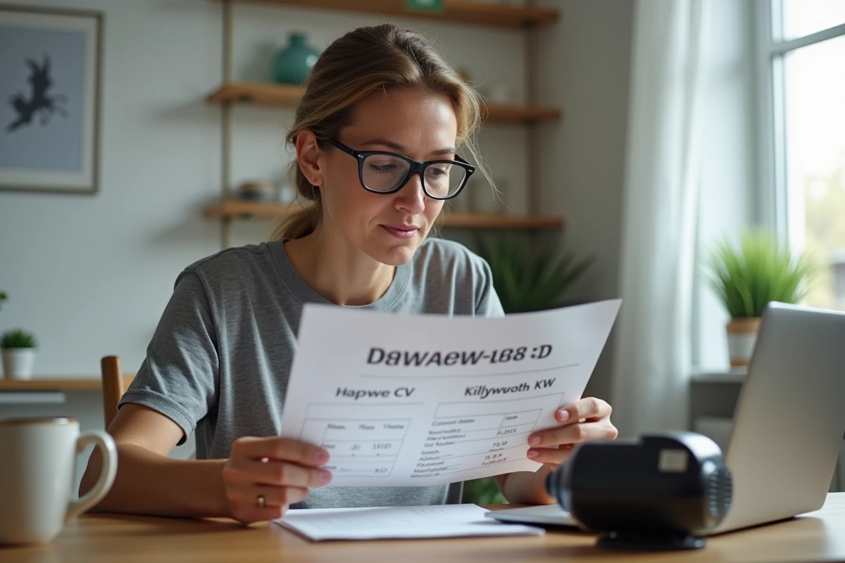 Femme consultant un tableau de conversion CV en kW pour moteur électrique à la maison
