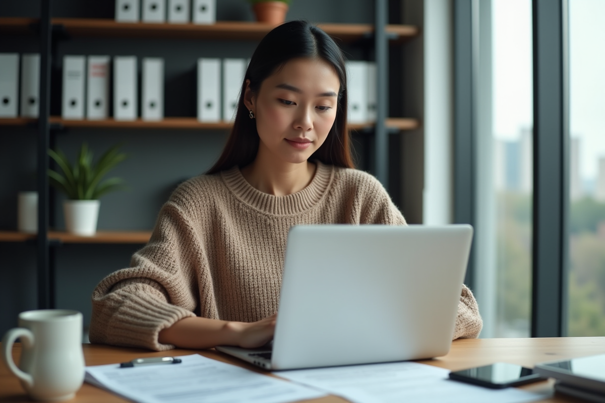 Jeune femme concentrée travaillant sur un ordinateur avec documents d