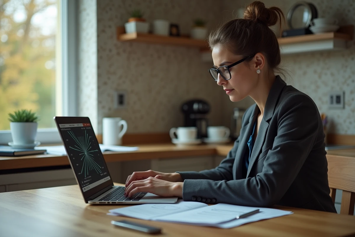 Femme au intérieur analysant un radar sur son ordinateur
