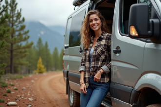 Femme souriante près d’un van tout-terrain en forêt