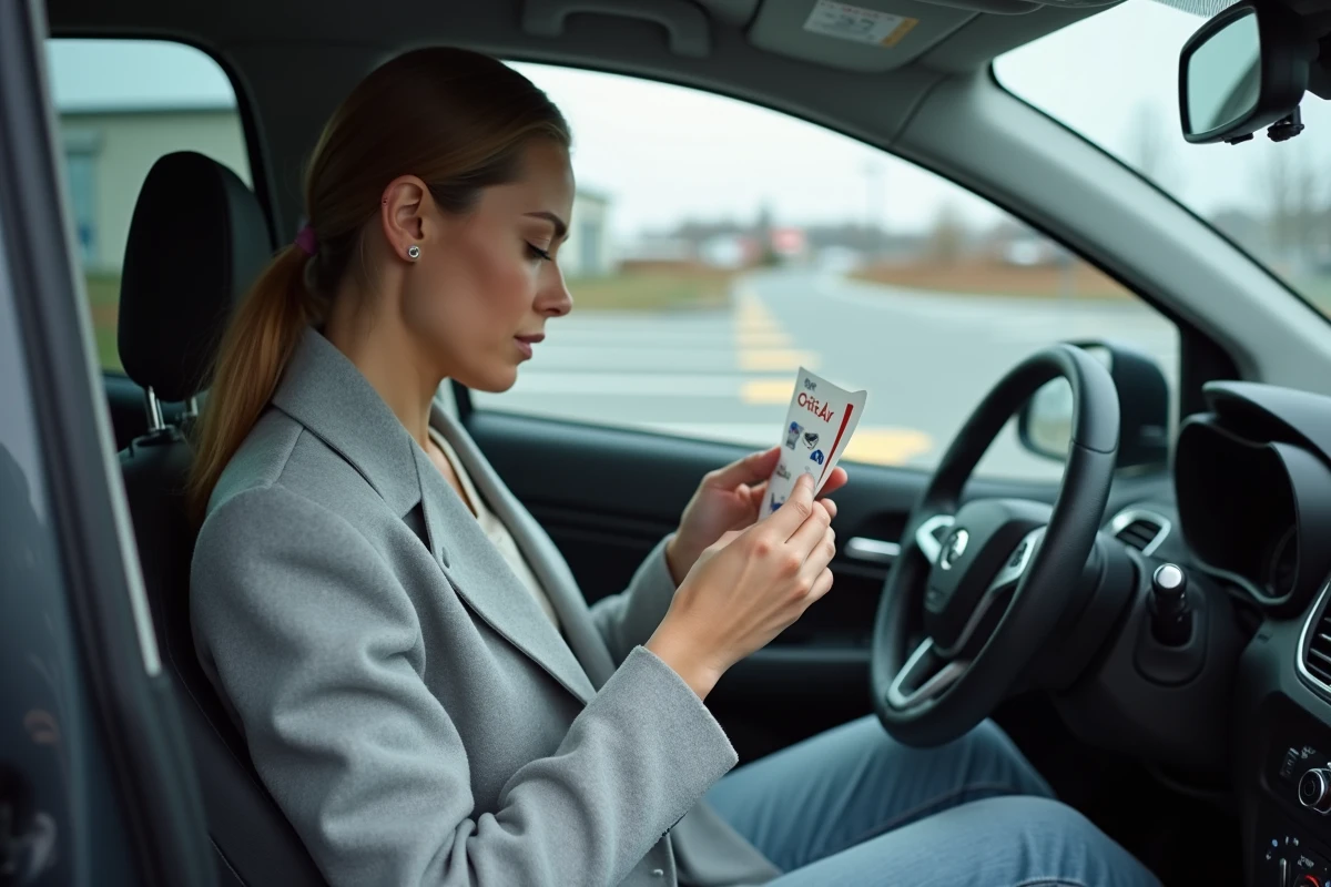 Femme examinant une vignette Crit'Air avant de la coller sur le pare-brise de sa voiture