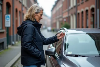 Femme examinant la vignette écologique de sa voiture devant un panneau de zone de basses émissions à Bruxelles