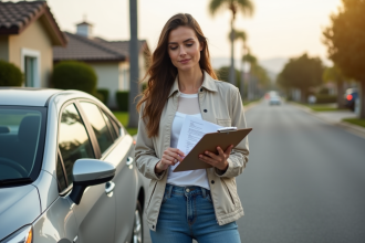 Femme avec documents d'assurance près d'une voiture en Californie