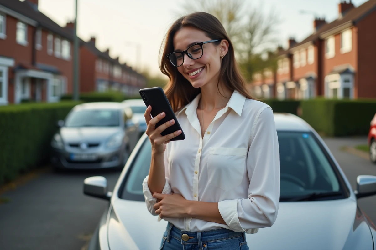 Femme souriante avec voiture sur rue résidentielle