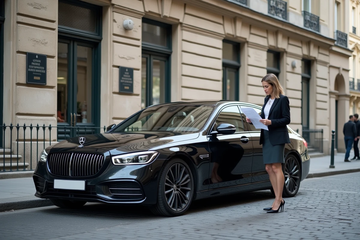 Femme chauffeur VTC devant un bâtiment administratif consultant un document officiel sur la réglementation d'équivalence
