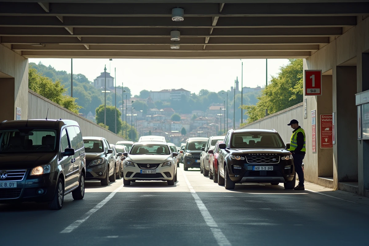 File d'attente de véhicules à l'entrée d'un parking en ouvrage du centre-ville de Colmar en pleine saison touristique estivale