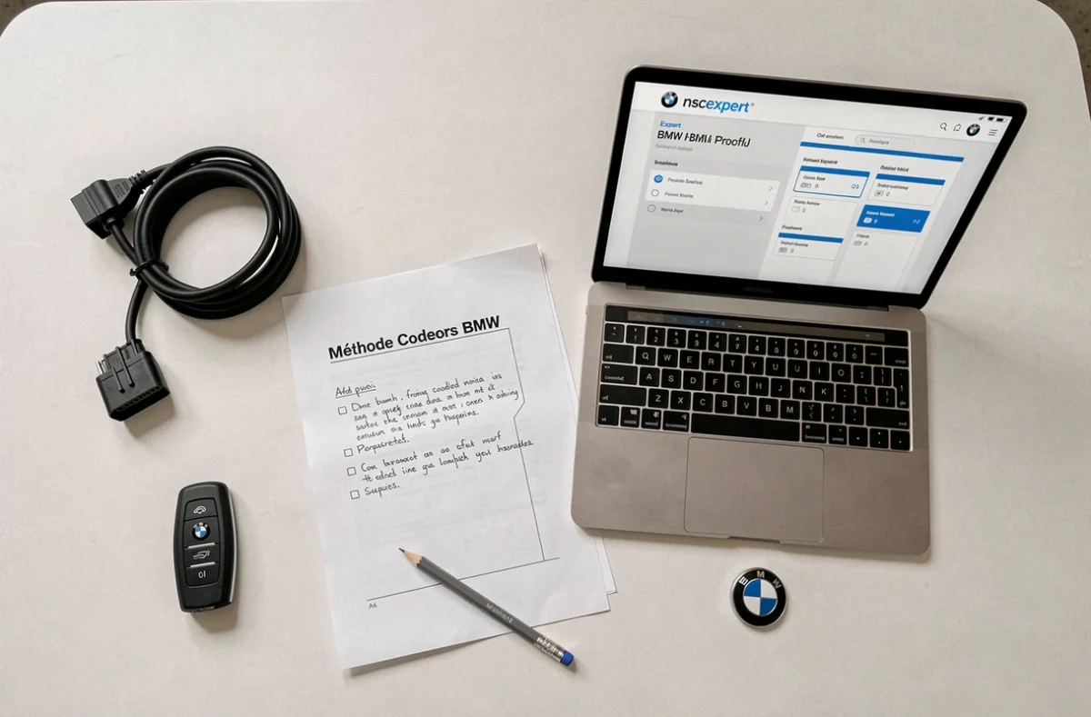 Vue à plat du matériel de codage BMW incluant connecteur OBD, clé BMW et ordinateur portable avec profil nscexpert configuré