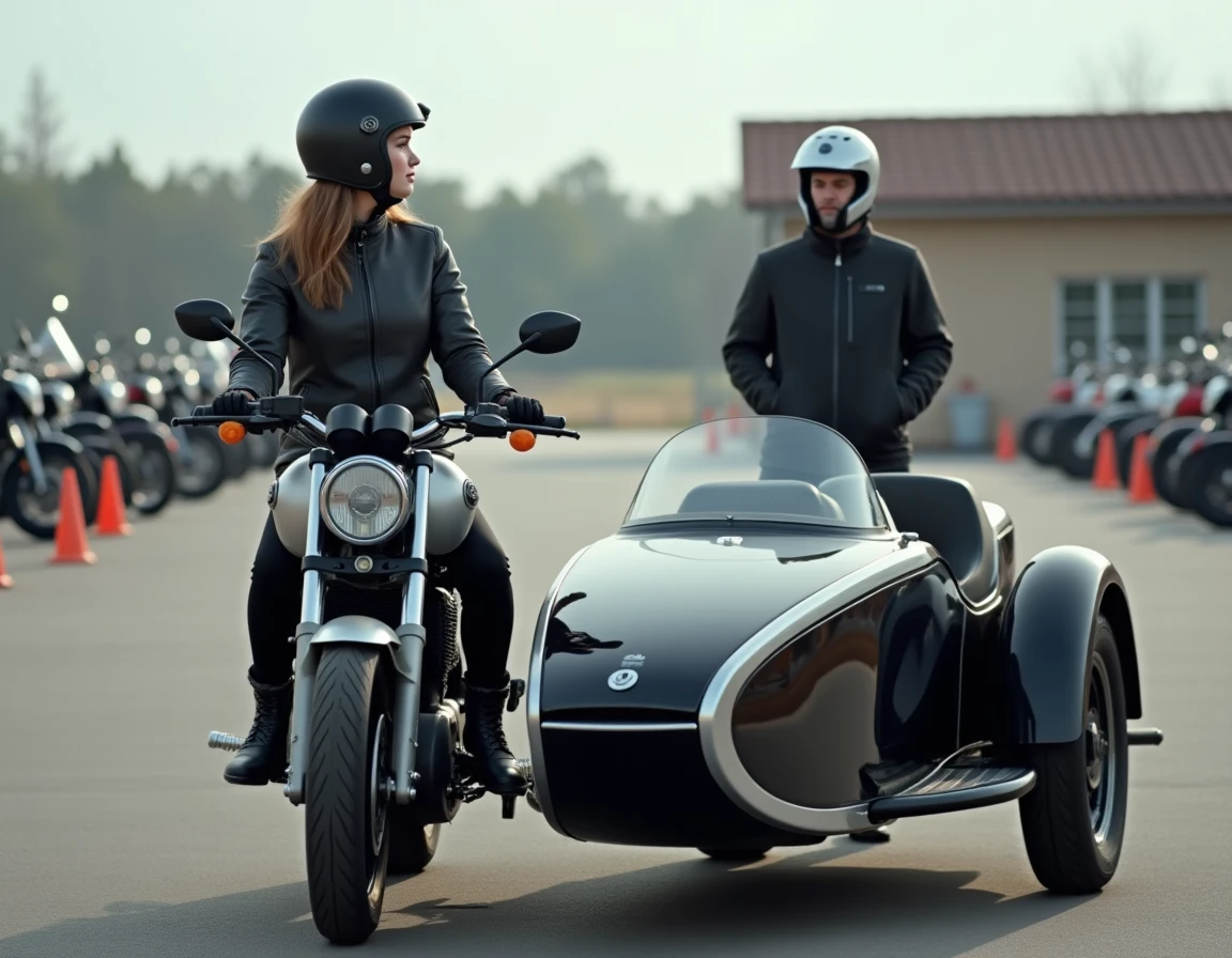 Femme débutante en formation de conduite moto sidecar sur un parking d'école de pilotage