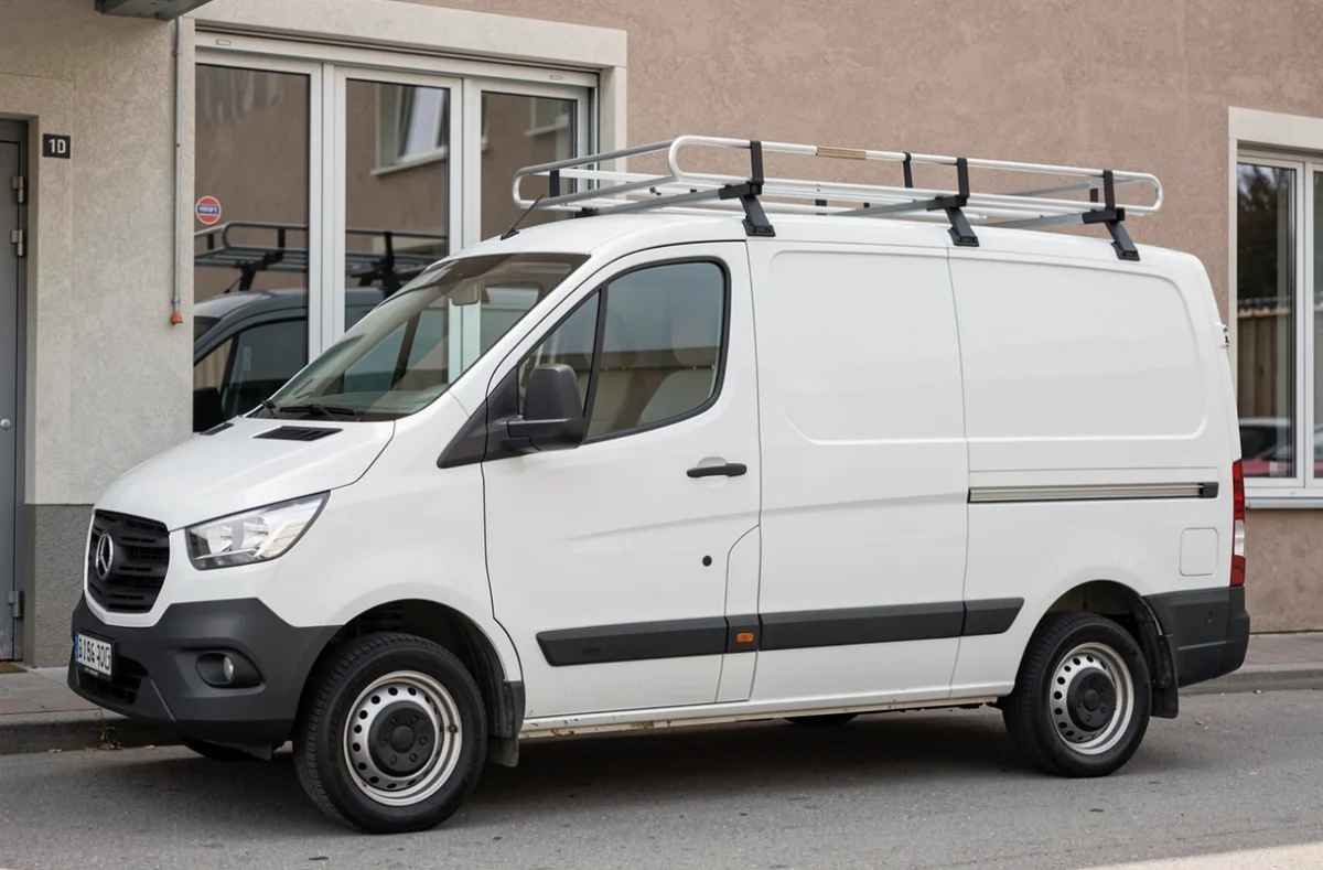 Fourgon utilitaire blanc équipé d'une galerie sur le toit