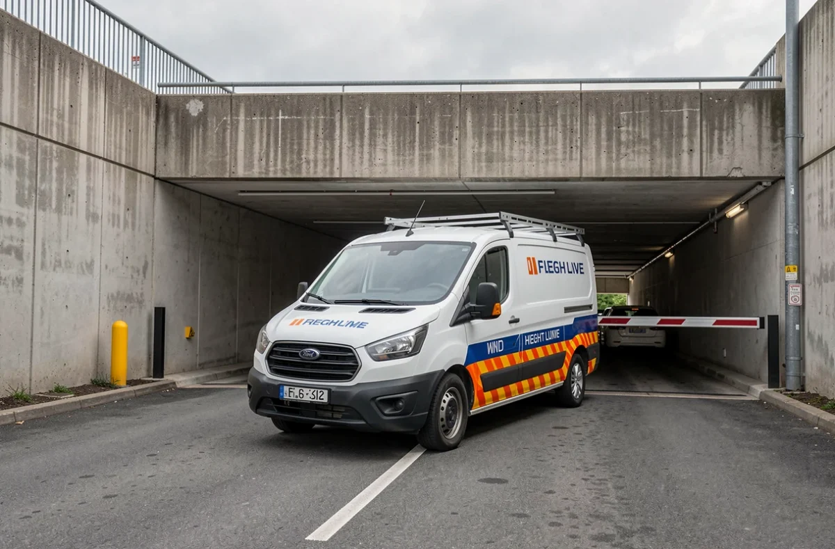 Fourgon utilitaire devant un portique de hauteur limitée à l'entrée d'un parking