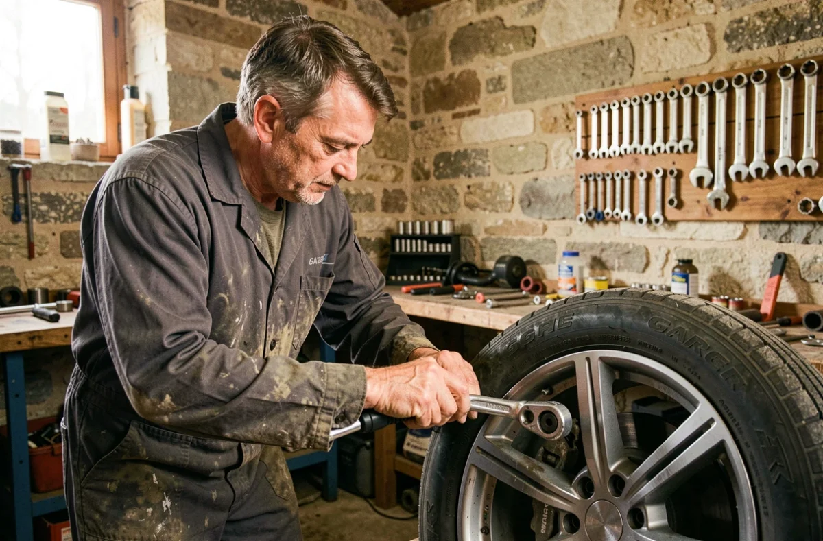 Technicien du Garage Gassert en Dordogne serrant un écrou de roue avec une clé dynamométrique dans un atelier de mécanique générale