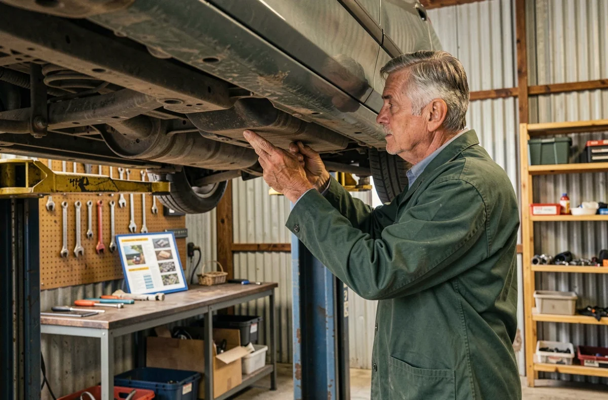 Mécanicien du Garage Louprou, affilié Nexusauto, inspectant un véhicule sur un pont élévateur dans son atelier indépendant