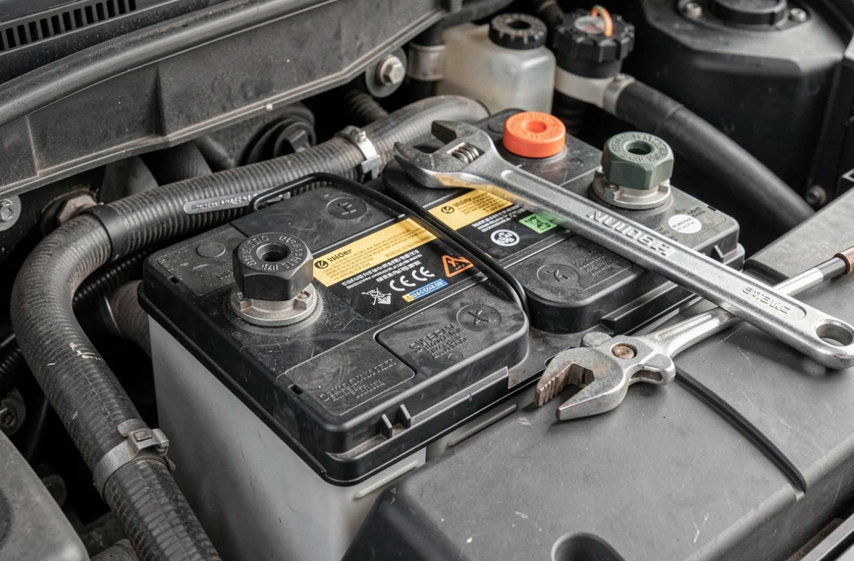 Gros plan sur les bornes d'une batterie de voiture débranchée avec clé posée dessus