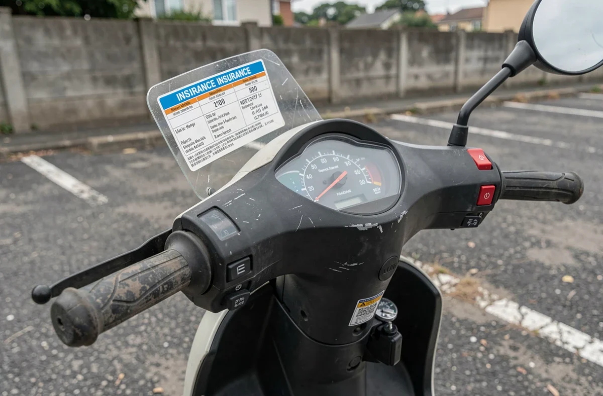 Gros plan sur le guidon d'un scooter 50cc avec vignette d'assurance, détail visuel du tarif mensuel