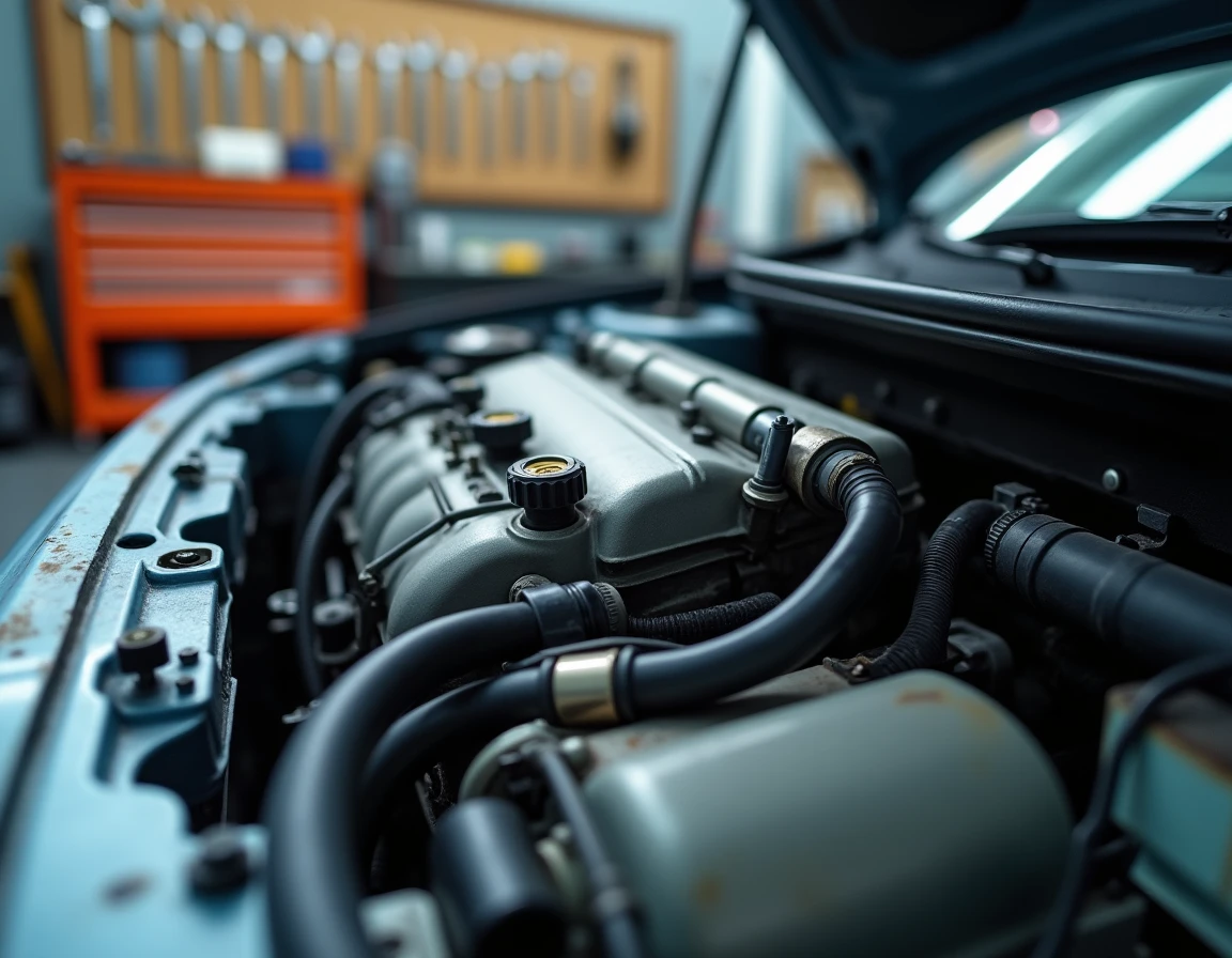 Gros plan sur les injecteurs du moteur d'une Renault Clio 5 avec dépôts de carbone et connecteurs du faisceau électrique visibles