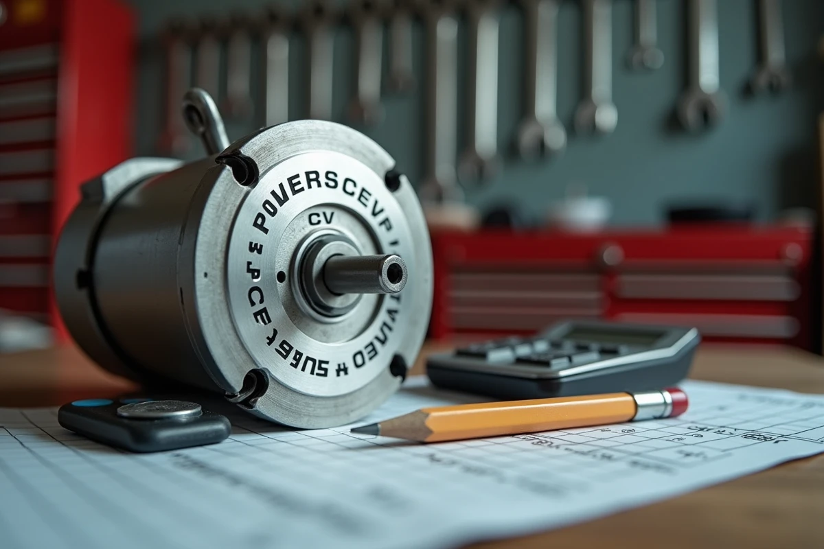 Gros plan sur la plaque technique d'un moteur électrique domestique avec valeurs en CV et kW et calculatrice de conversion