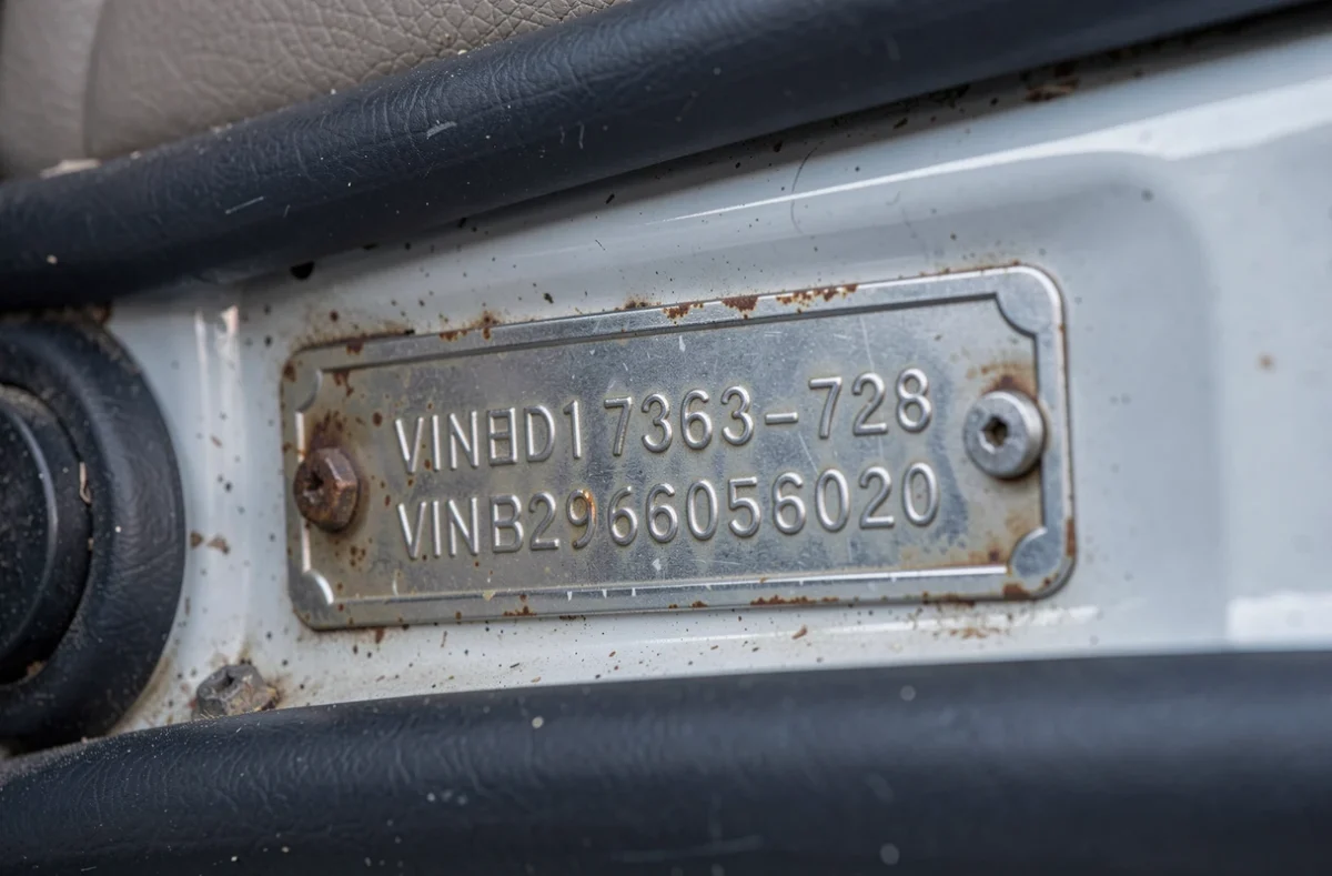 Gros plan sur la plaque VIN métallique gravée dans le montant de portière d'un véhicule